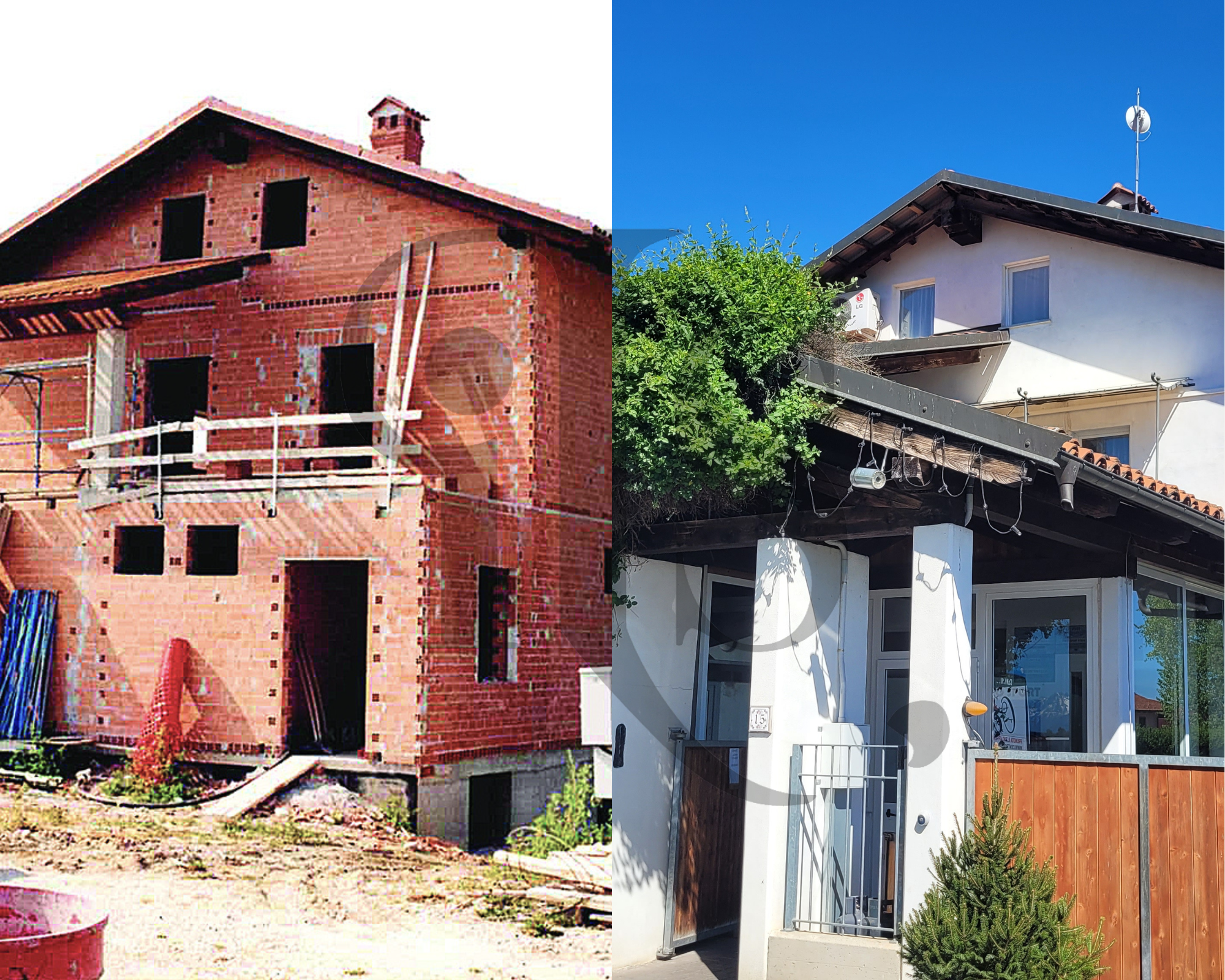 La casa-piscina Hydro sport in San Salvatore (a sinistra, nel 1999; a destra, come è oggi)